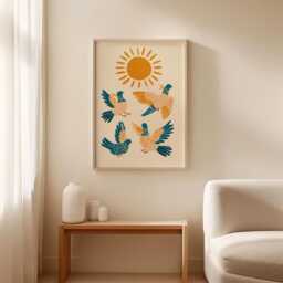 Blue Bird Folk Poster, Scandinavian Wall Art, Paper Print - thumbnail 3