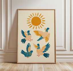 Blue Bird Folk Poster, Scandinavian Wall Art, Paper Print - thumbnail 1