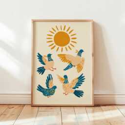 Blue Bird Folk Poster, Scandinavian Wall Art, Paper Print - thumbnail 4