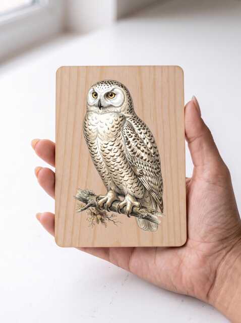 Snowy Owl Art Print - Vintage White Arctic Wall Pine Wooden Postcard - image 1