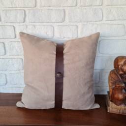 Beige Suede Pillow Cover With Faux Leather Strap - 16x16'' - thumbnail 2