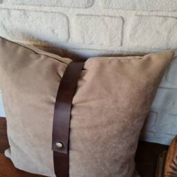 Beige Suede Pillow Cover With Faux Leather Strap - 16x16'' - thumbnail 3