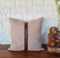 Beige Suede Pillow Cover With Faux Leather Strap - 16x16''