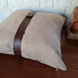 Beige Suede Pillow Cover With Faux Leather Strap - 16x16'' - thumbnail 4