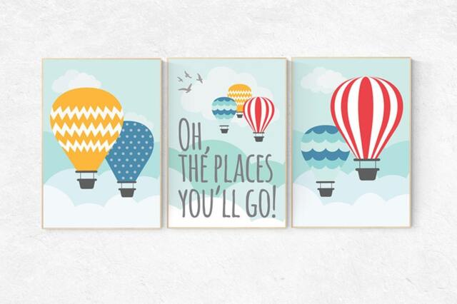 Hot Air Balloon Nursery Print Set Baby Room Wall Art - image 1