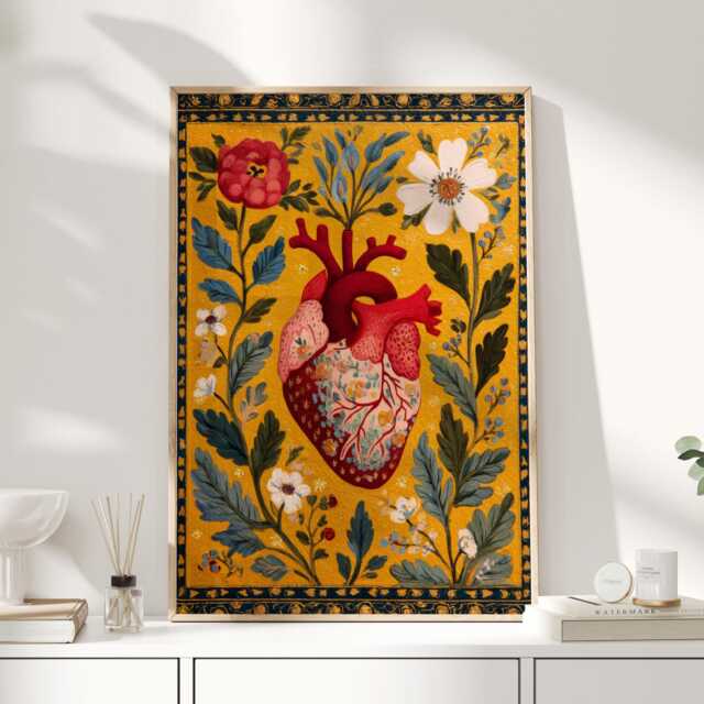 Anatomical Heart Print - Vintage Folk Art With Flowers & Leaves Wall - image 1