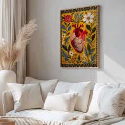 Anatomical Heart Print - Vintage Folk Art With Flowers & Leaves Wall - thumbnail 2