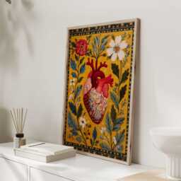 Anatomical Heart Print - Vintage Folk Art With Flowers & Leaves Wall - thumbnail 3
