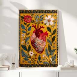 Anatomical Heart Print - Vintage Folk Art With Flowers & Leaves Wall - thumbnail 1