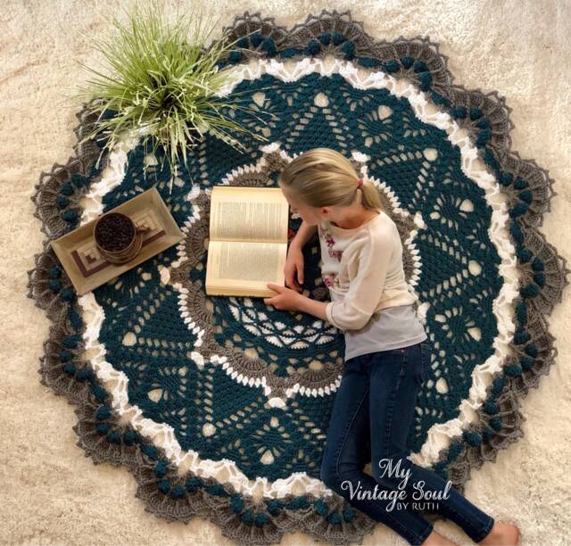Large Crochet Rug - Round Area Lace Wedding Gift Nursery Mat Rustic Farm Circular Entryway Decor - image 1