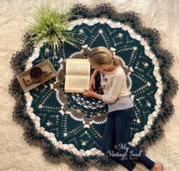 Large Crochet Rug - Round Area Lace Wedding Gift Nursery Mat Rustic Farm Circular Entryway Decor - thumbnail 1
