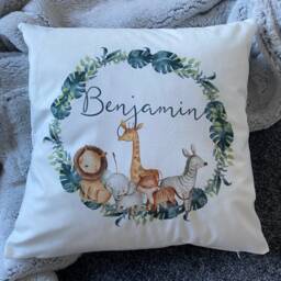Personalised Baby Name Cushion Cover Safari Animals, Jungle Nursery Pillow, Custom Kids 40x40 - thumbnail 3