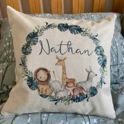 Personalised Baby Name Cushion Cover Safari Animals, Jungle Nursery Pillow, Custom Kids 40x40 - thumbnail 2