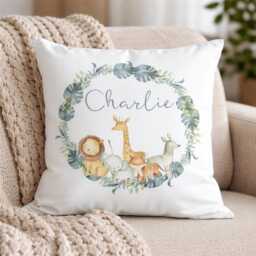 Personalised Baby Name Cushion Cover Safari Animals, Jungle Nursery Pillow, Custom Kids 40x40