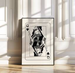Queen Of Hearts Print - Black Line Art Home Decor Lucky Playing Card Bedroom Wall Cute Retro Poster Friend Gift Unframed - thumbnail 1