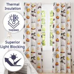 Cute Kawaii Witch Spider Candle Moon Halloween Seamless Pattern Grey Background Readymade Eyelet Ring Top Thermal 100% Blackout Curtains - thumbnail 3