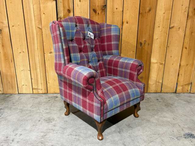 British Handmade Blue Red Check Tartan Fabric Chesterfield Wing Fireside Chair - image 1