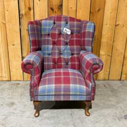 British Handmade Blue Red Check Tartan Fabric Chesterfield Wing Fireside Chair - thumbnail 2