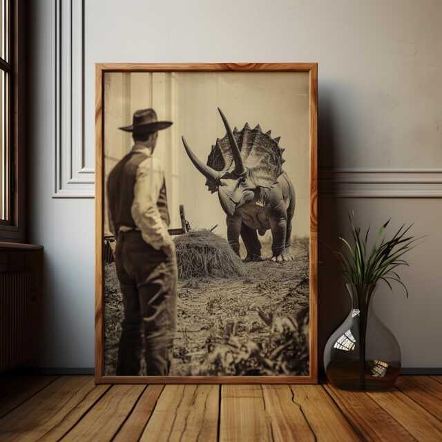 Triceratops Plough Poster Funny Dinosaur Farming Art - image 1
