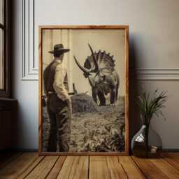 Triceratops Plough Poster Funny Dinosaur Farming Art - thumbnail 1