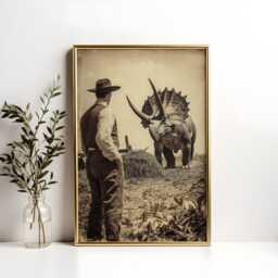 Triceratops Plough Poster Funny Dinosaur Farming Art - thumbnail 2