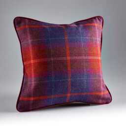 Purple & Orange Check Wool Cushion - Feather Filled Velvet Reverse Made in England