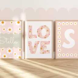 Set Of 3 Personalised Flower Prints in Pastel, Wildflower Name Print, Love Floral Wall Art, Girl Bedroom, Daisy Art - thumbnail 3