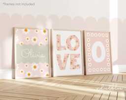 Set Of 3 Personalised Flower Prints in Pastel, Wildflower Name Print, Love Floral Wall Art, Girl Bedroom, Daisy Art - thumbnail 1