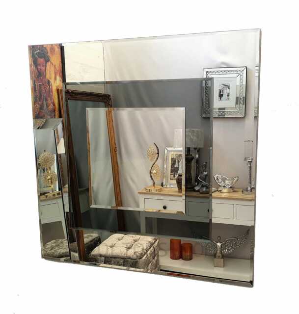 Oltons Modern Square Art Deco Grey Smoked Two Tone 3 Layer Wall Mirror Bevelled Glass Silver 90x90cm Home Decor Handmade UK - image 1