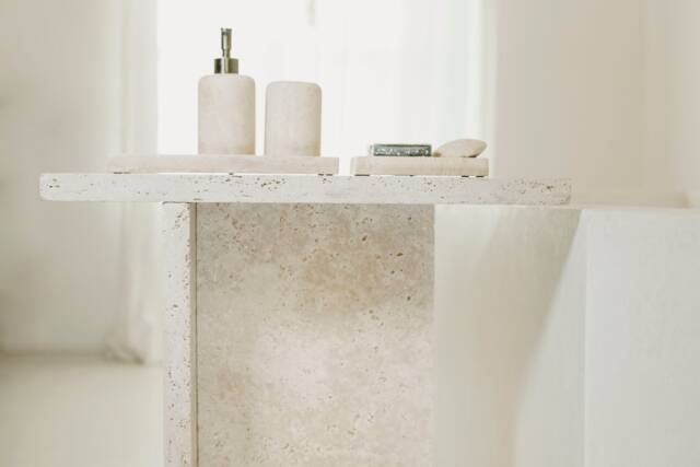 Jazzal L Stone Table/Ivory Tones, Minimalist Natural Travertine Bedside/Sofa-Side/Livingroom/Coffee - image 1