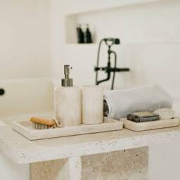 Jazzal L Stone Table/Ivory Tones, Minimalist Natural Travertine Bedside/Sofa-Side/Livingroom/Coffee - thumbnail 3