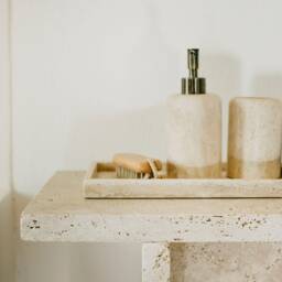 Jazzal L Stone Table/Ivory Tones, Minimalist Natural Travertine Bedside/Sofa-Side/Livingroom/Coffee - thumbnail 2