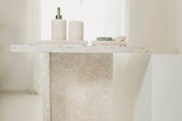 Jazzal L Stone Table/Ivory Tones, Minimalist Natural Travertine Bedside/Sofa-Side/Livingroom/Coffee