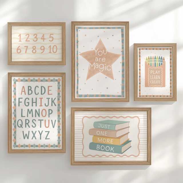 Educational Nursery Gallery Wall Art Set Of 5, Alphabet Numbers Books Crayons, A3 A4 Framed/Unframed, Custom Kids Playroom Homeschool Decor - image 1