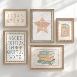 Educational Nursery Gallery Wall Art Set Of 5, Alphabet Numbers Books Crayons, A3 A4 Framed/Unframed, Custom Kids Playroom Homeschool Decor - thumbnail 1