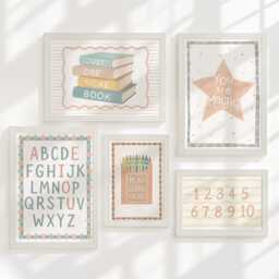 Educational Nursery Gallery Wall Art Set Of 5, Alphabet Numbers Books Crayons, A3 A4 Framed/Unframed, Custom Kids Playroom Homeschool Decor - thumbnail 3