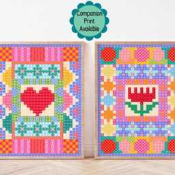 Square Heart Colourful Wall Printable, Digital Cross Stitch Print, Sweet Decor, Maximalist Colour, Pattern Picture Hanging, Bold Bright - thumbnail 3