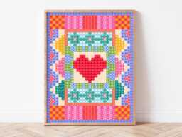 Square Heart Colourful Wall Printable, Digital Cross Stitch Print, Sweet Decor, Maximalist Colour, Pattern Picture Hanging, Bold Bright - thumbnail 1