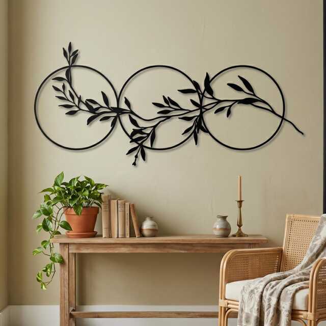 Three Circles Leaf Metal Wall Art, Matte Black Steel Olive Branch Over Bed Decor - image 1