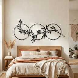 Three Circles Leaf Metal Wall Art, Matte Black Steel Olive Branch Over Bed Decor - thumbnail 3