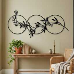 Three Circles Leaf Metal Wall Art, Matte Black Steel Olive Branch Over Bed Decor - thumbnail 1
