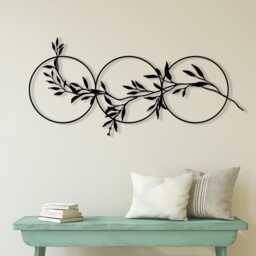 Three Circles Leaf Metal Wall Art, Matte Black Steel Olive Branch Over Bed Decor - thumbnail 4