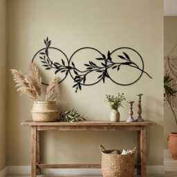 Three Circles Leaf Metal Wall Art, Matte Black Steel Olive Branch Over Bed Decor - thumbnail 2
