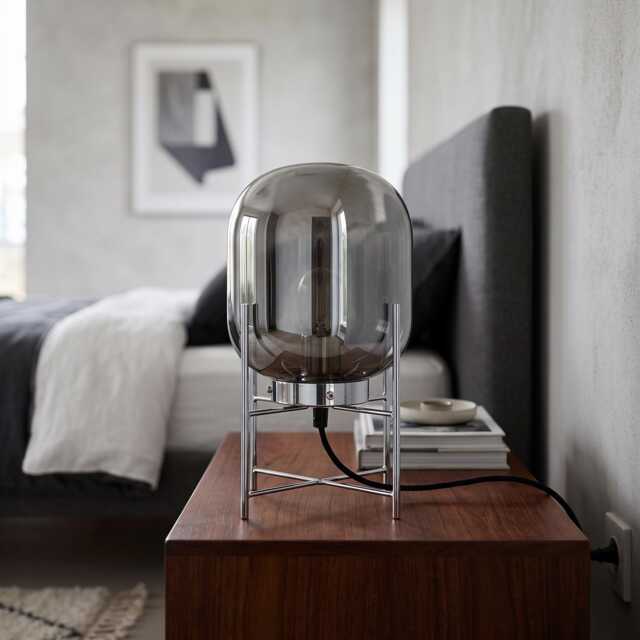 Smoked Glass Chrome Table Lamp - Hand Blown Globe Modern Bedside Lighting - image 1