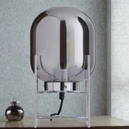 Smoked Glass Chrome Table Lamp - Hand Blown Globe Modern Bedside Lighting - thumbnail 2