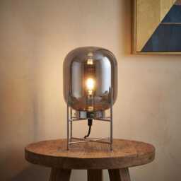 Smoked Glass Chrome Table Lamp - Hand Blown Globe Modern Bedside Lighting - thumbnail 4