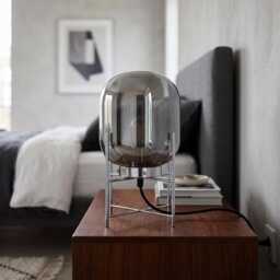 Smoked Glass Chrome Table Lamp - Hand Blown Globe Modern Bedside Lighting - thumbnail 1