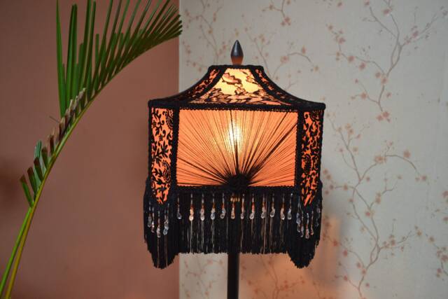 Pink & Black Lace Lampshade With Beaded Fringe - image 1