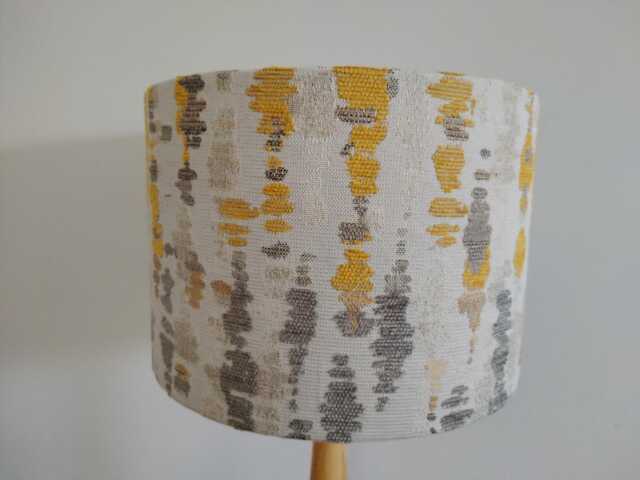 Mustard Abstract Lampshade Grey Yellow Woven Shapes Handmade Neutral Fabric Drum Lamp Shade Ceiling Pendant Or Table Floor - Various Sizes - image 1
