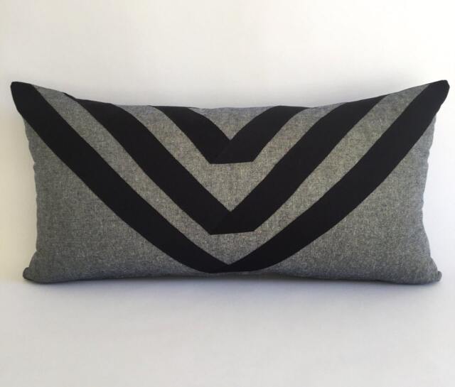 Geometric Black Linen Lumbar Pillow Cover, Gold Accent Ribbon, Handmade - image 1